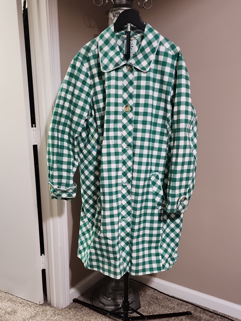 Isaac Mizrahi Green & White Gingham Raincoat